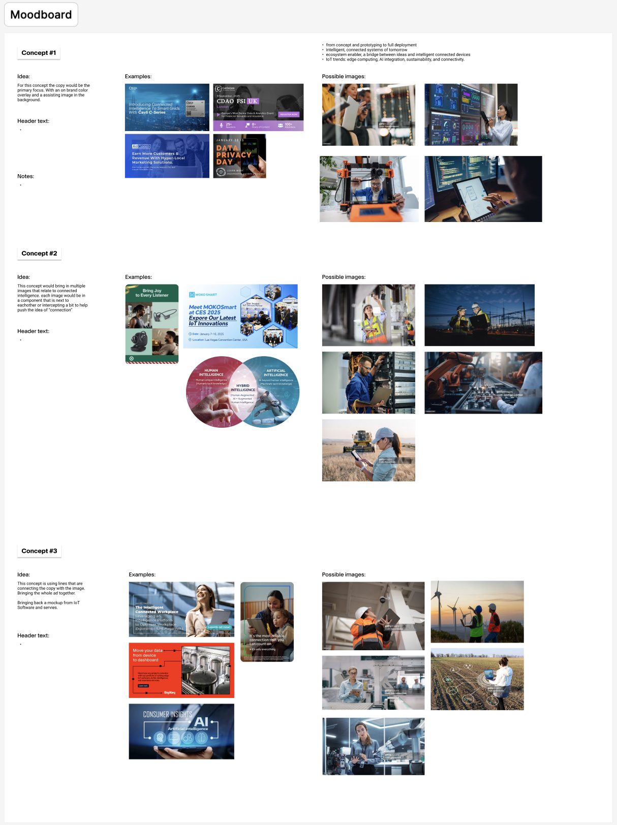 Connected Intelligence — moodboard with three initial concepts
