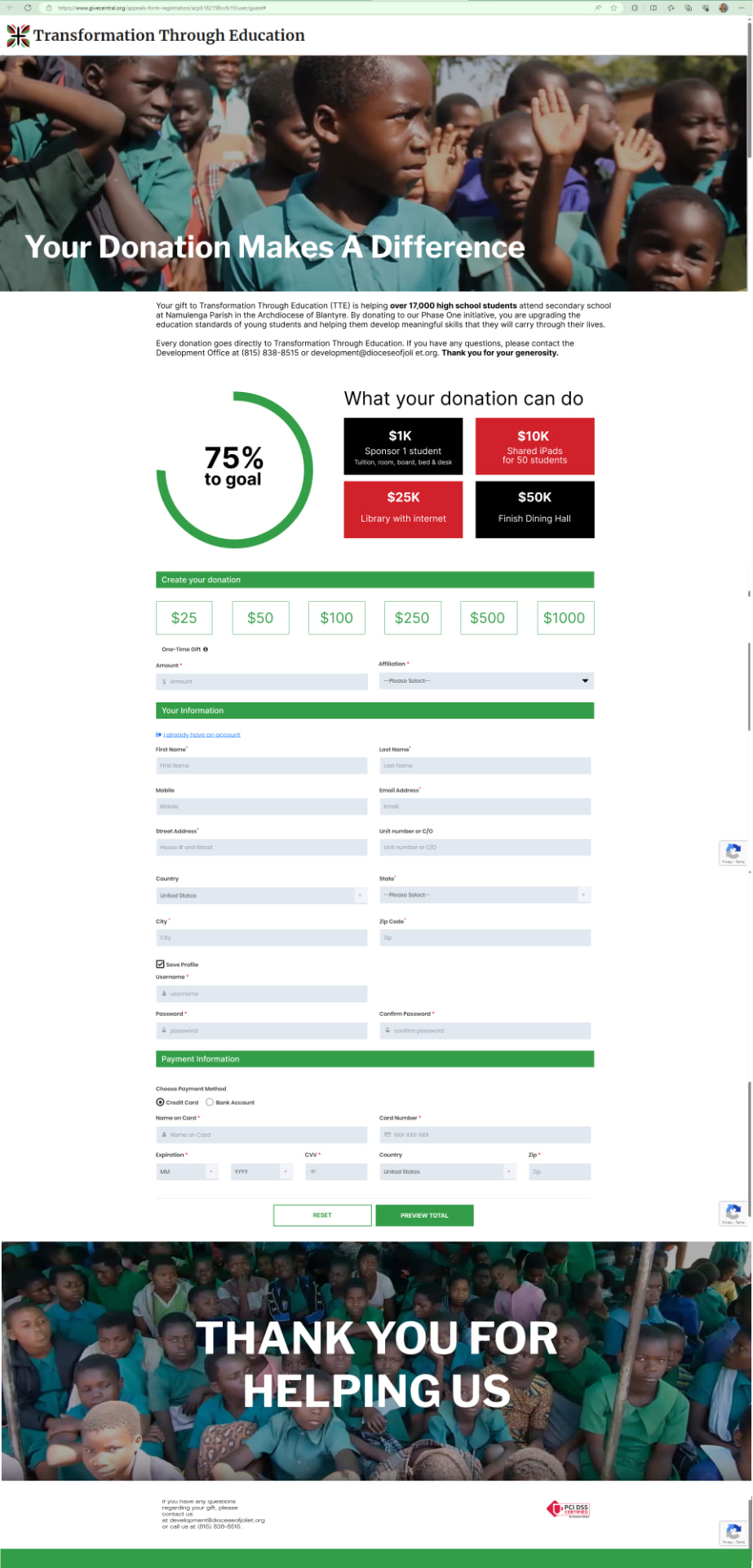 Transformation Through Education — Full donation page mockup
