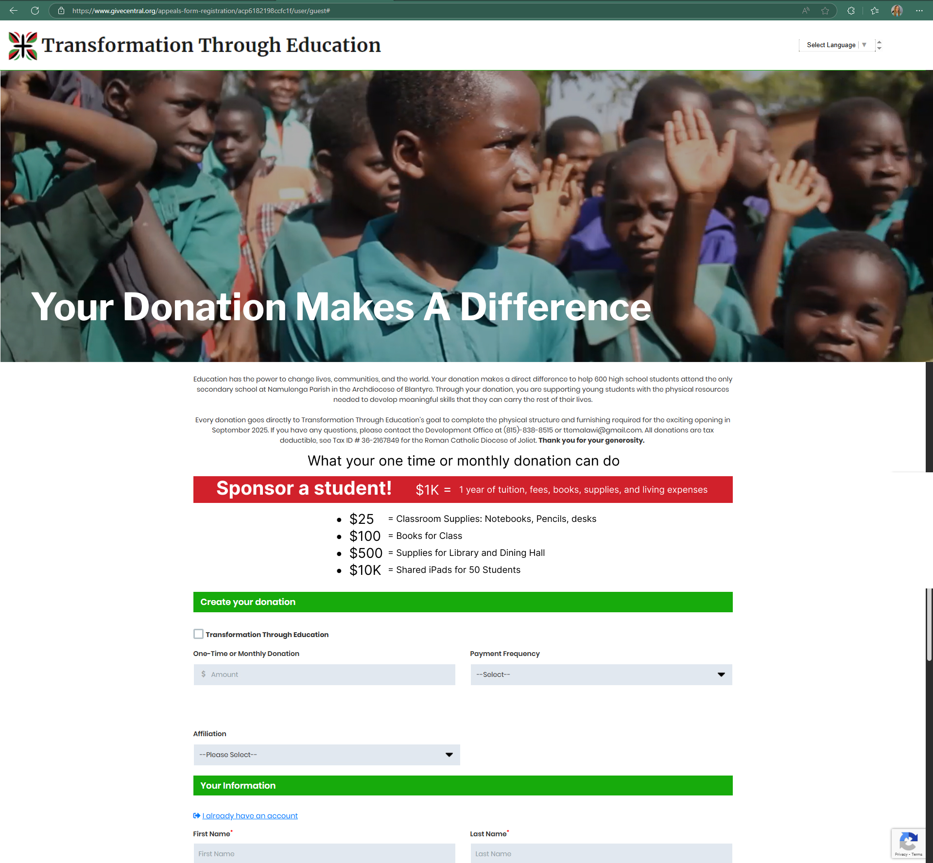 Transformation Through Education — Sponsor-a-student banner and impact tiers