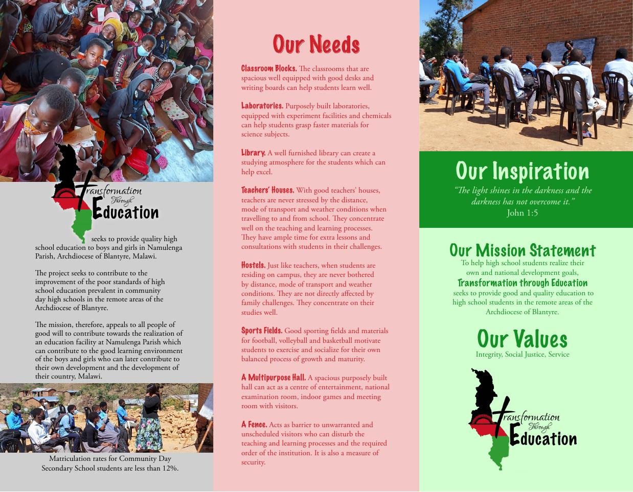 The 2021 brochure — inside spread with needs, mission, and values
