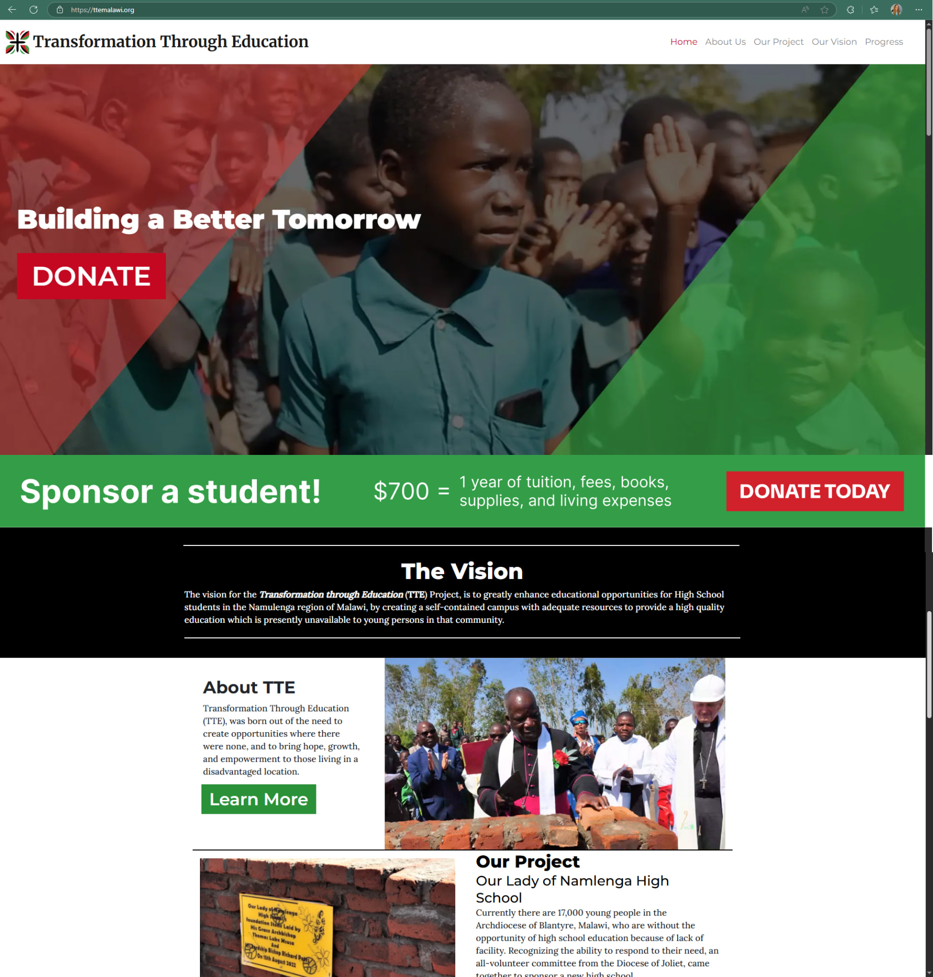 Homepage mockup — sponsor-a-student banner and impact math