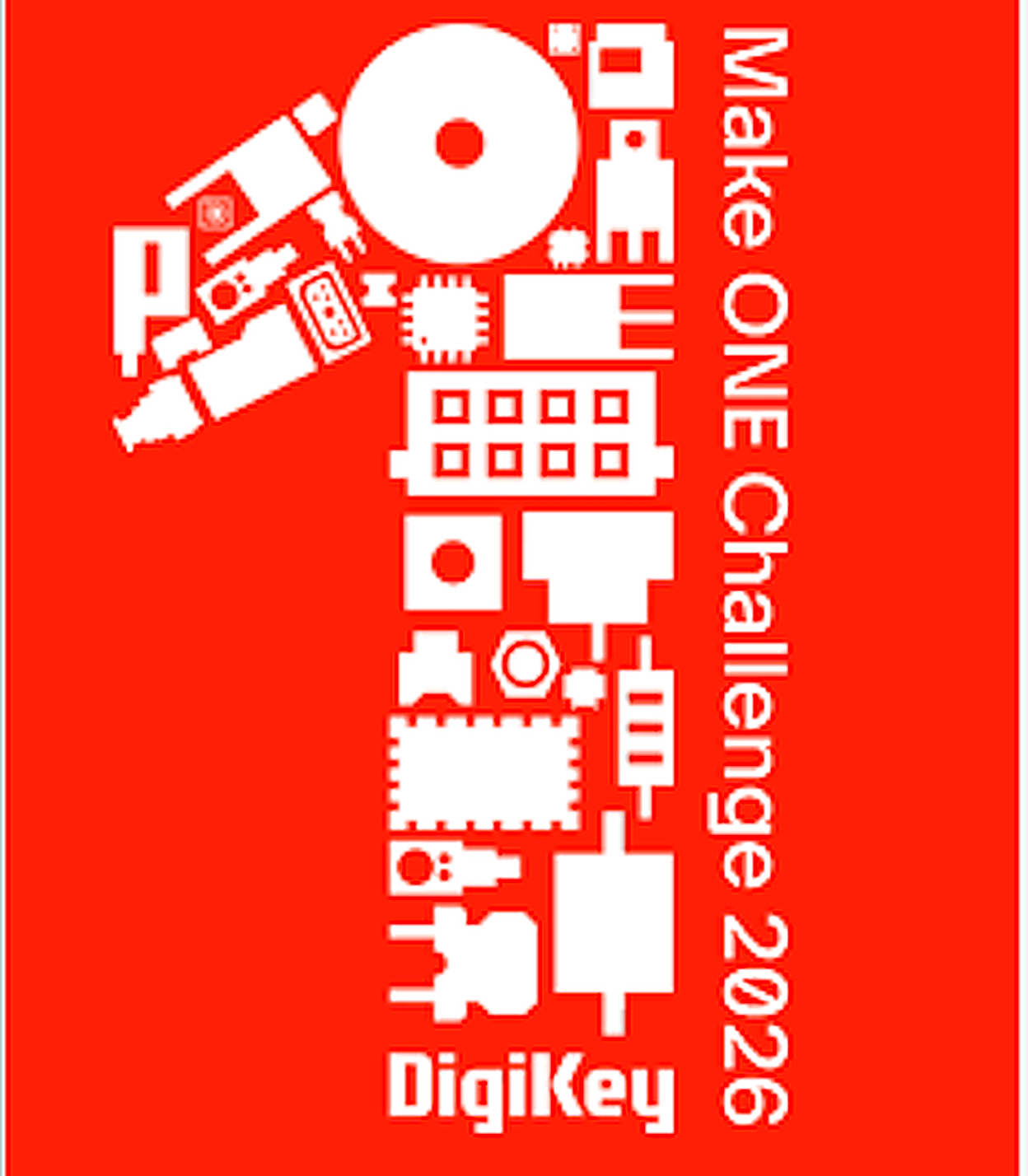 Selected direction — the component-built numeral one, chosen for Make ONE Challenge 2026